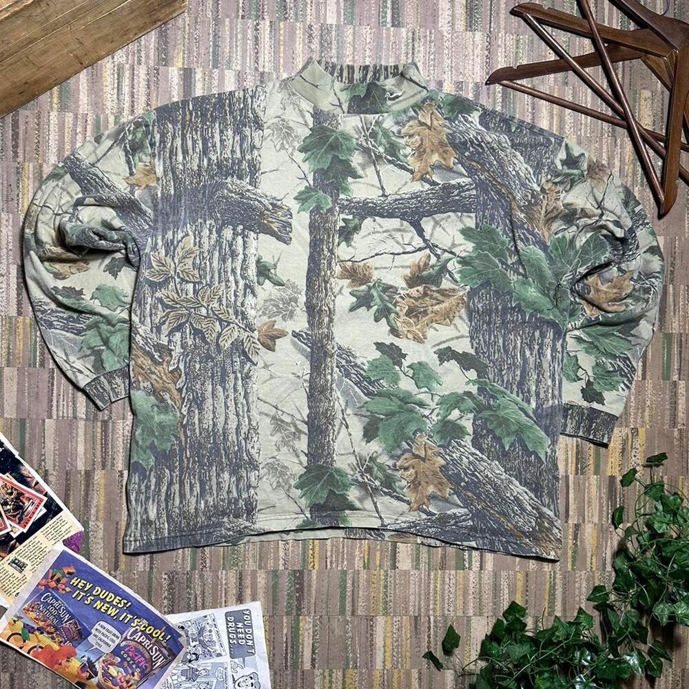 Vintage 90s Camo Long Sleeve Tee Mens XL Outdoors Camouflage Green Brown Shirt